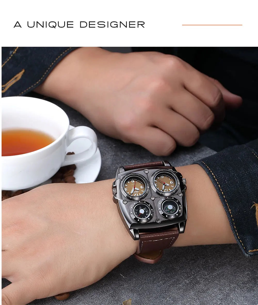 Introducing the latest Oulm Men's Watch, a robust timepiece designed for outdoor enthusiasts. This model features a prominent dial with dual time zone functionality, a military-inspired aesthetic, and a durable leather strap, all powered by a precise quar