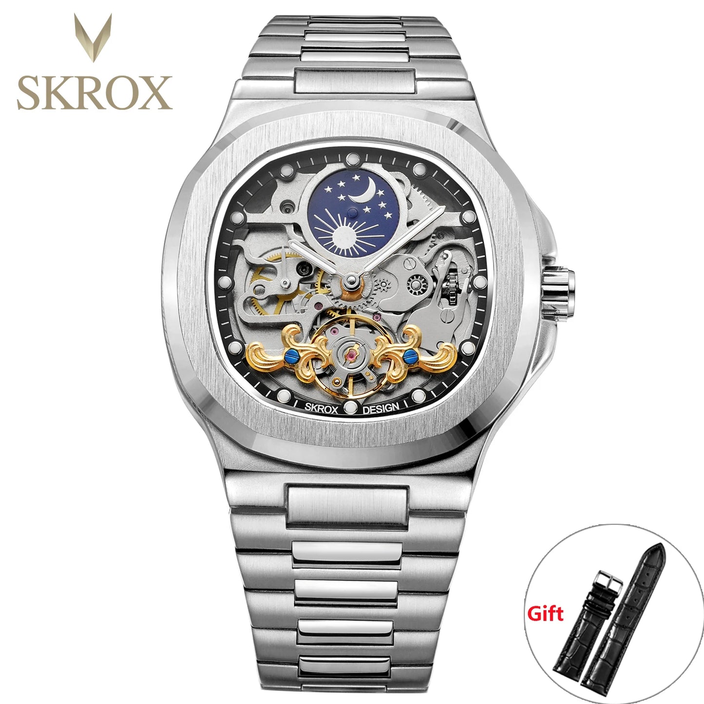 Introducing the SKROX Executive Timepiece, a sophisticated men's watch featuring a sapphire crystal, stainless steel construction, and an intricate skeleton moon phase dial. This classic automatic movement watch is designed for the discerning gentleman.