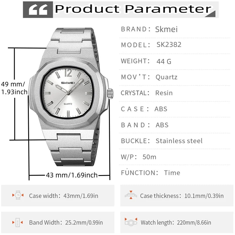 Skmei Bracelet Watches for Mens Analog Display 50M Waterproof Simple Style Quartz Wristwatch