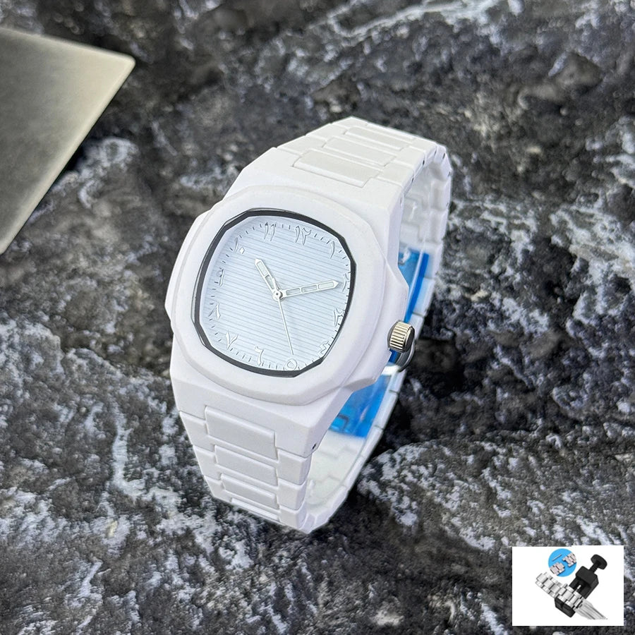 Men's Classic Quartz Watch Smooth Plastic Particle Bracelet Arabic Numerals Dial Business Casual Style Removal Tool Included