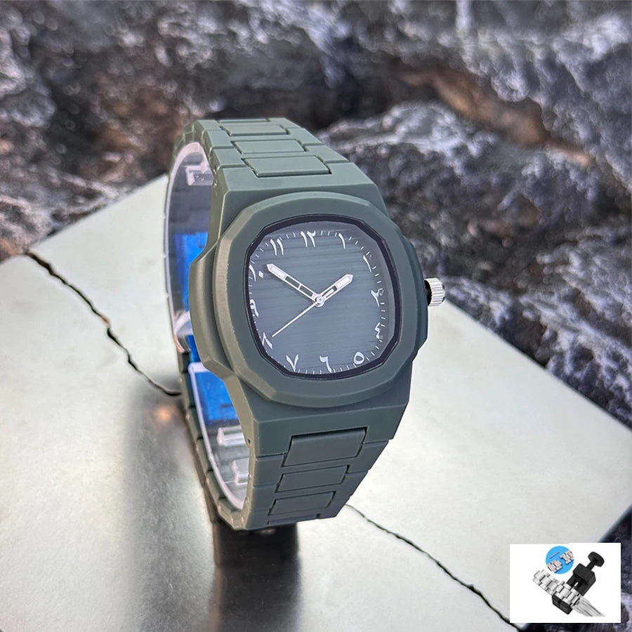 Men's Classic Quartz Watch Smooth Plastic Particle Bracelet Arabic Numerals Dial Business Casual Style Removal Tool Included