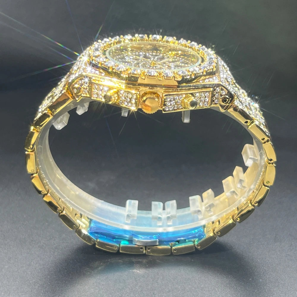 Hip Hop Green Diamond Watche For Men Fashion Automatic Date Quartz Clock Dress Square Iced Jewelry WristWatch Man For Gift