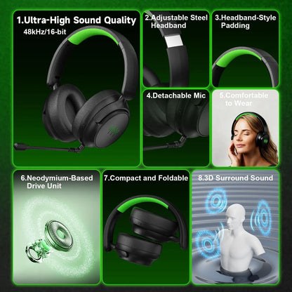 Level up your gaming experience with this wireless headset! 🎧🎮 Enjoy seamless audio on Xbox, PC, and Switch, thanks to its foldable design, detachable microphone, and immersive 3D surround sound.