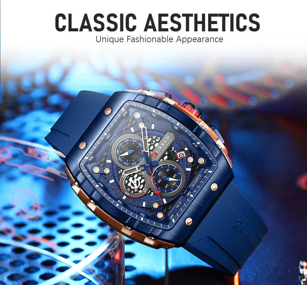 CURREN Sports Unique Rectangular Watches with Large Dial Casual Quartz Silicone Bands Wristwatches with Auto Date
