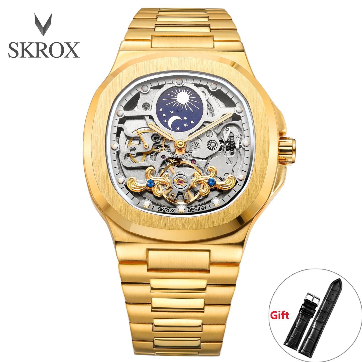 Introducing the SKROX Executive Timepiece, a sophisticated men's watch featuring a sapphire crystal, stainless steel construction, and an intricate skeleton moon phase dial. This classic automatic movement watch is designed for the discerning gentleman.