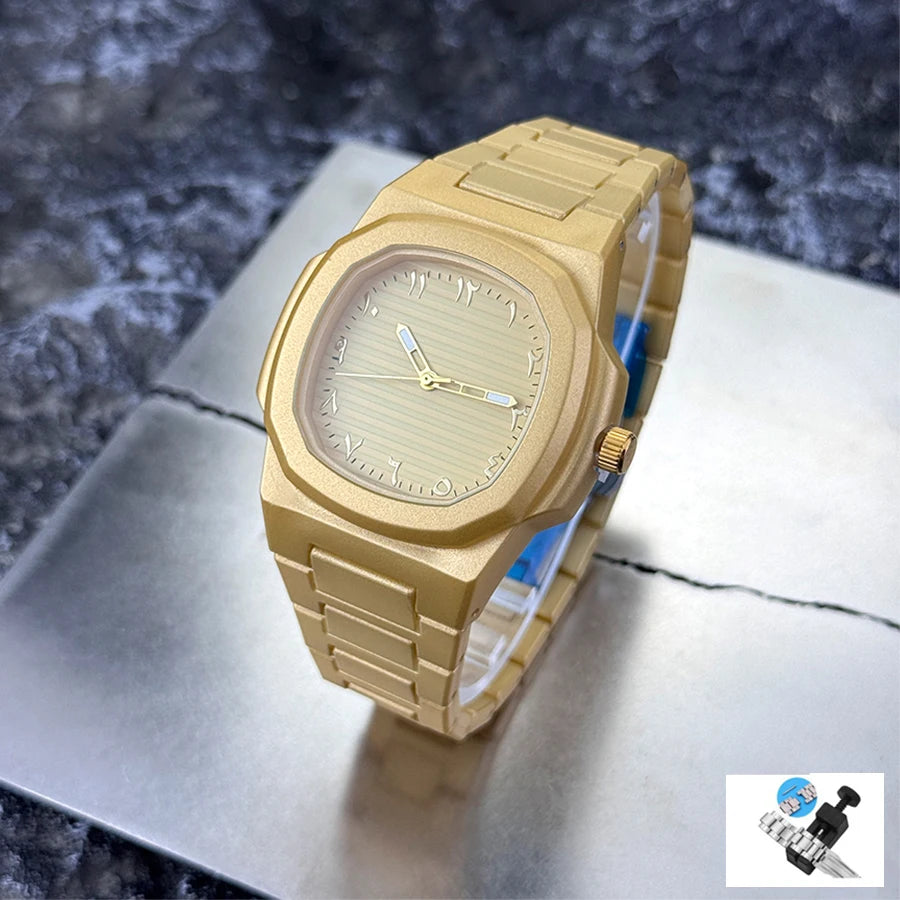 Gentlemen's Classic Quartz Watch Featuring a Smooth Resin Bracelet, Arabic Numerals on the Dial, and a Business Casual Aesthetic. A Removal Tool is Provided.