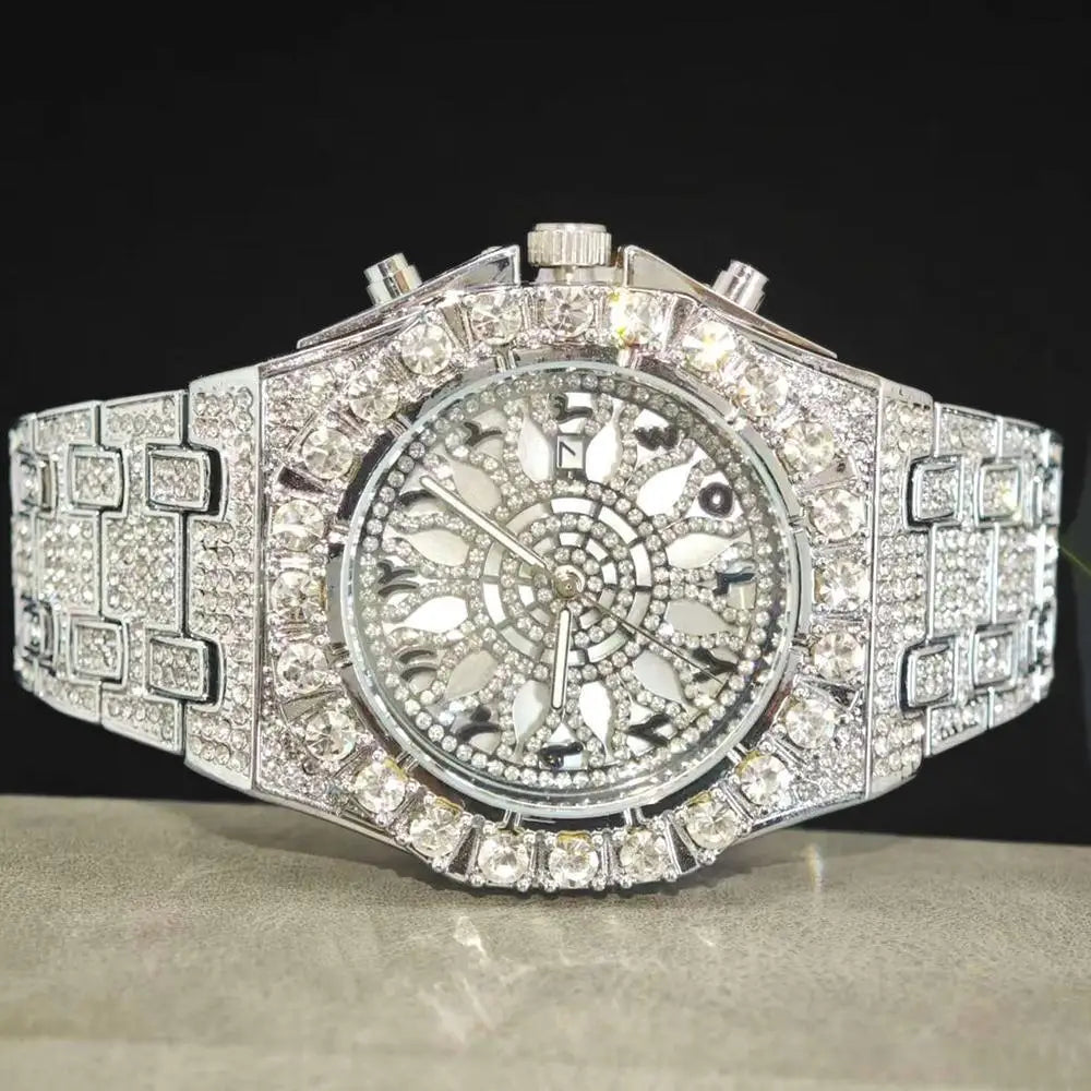 UNIGUET Black Iced Watch For Men Lxuxry Stainless Steel Quartz Watches Cool Hip Hop Diamond Bling Wrist Watch Man