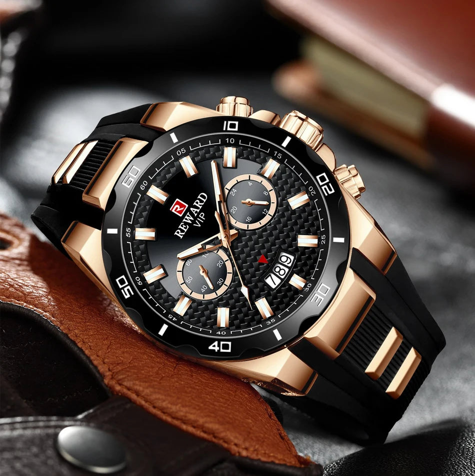 REWARD 83006 Fashion Large Dial Watch Men's Top Brand Luxury Chronograph Calendar Silicone Sports Quartz Watches for Man Reloj
