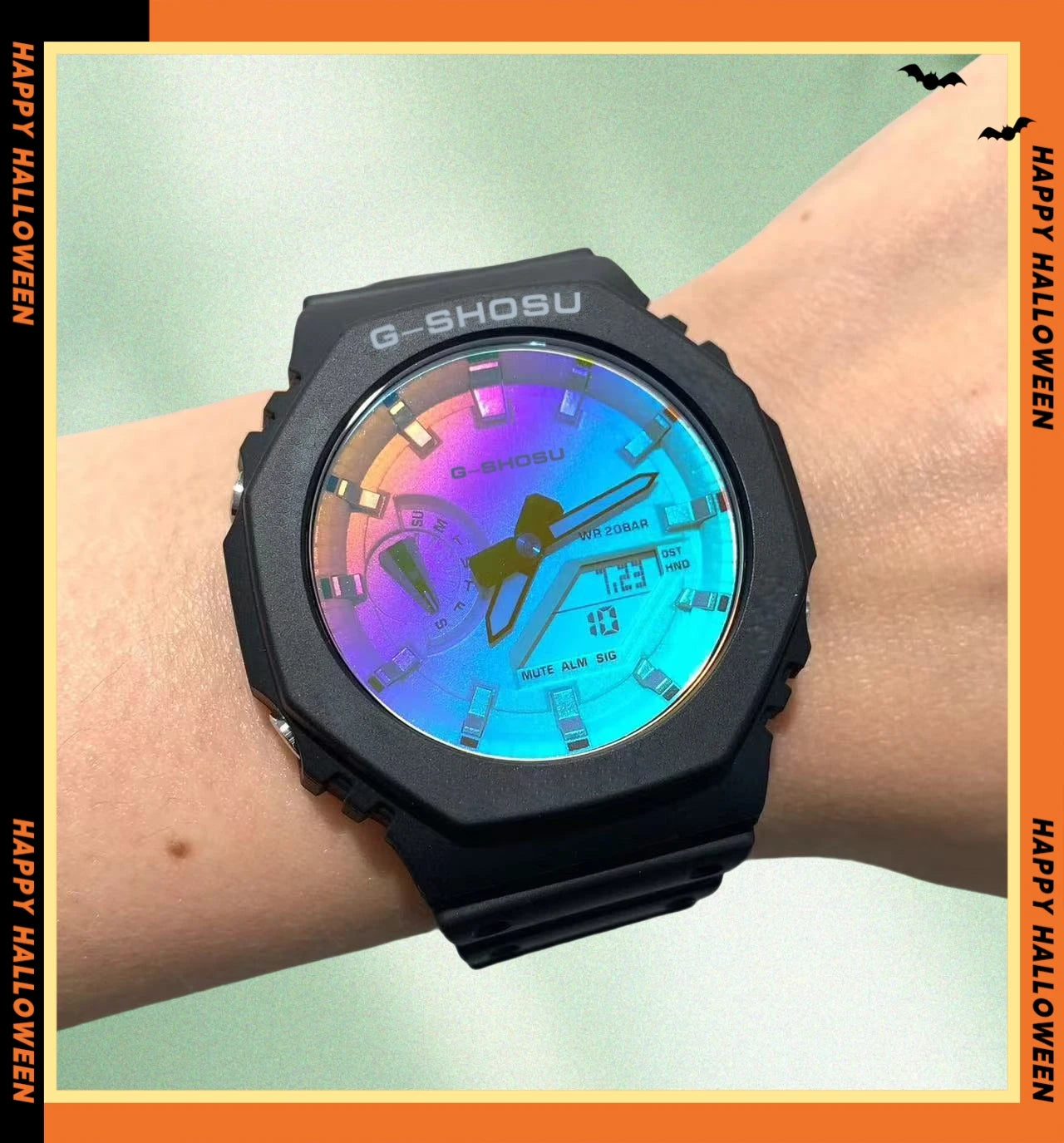 Green Black Sport Unisex Watch Full Function World Time LED Dual Display Rubber Strap Oak Luminous