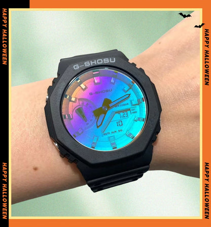 Green Black Sport Unisex Watch, Full Function, World Time, LED Dual Display, Rubber Strap, Oak Luminous.