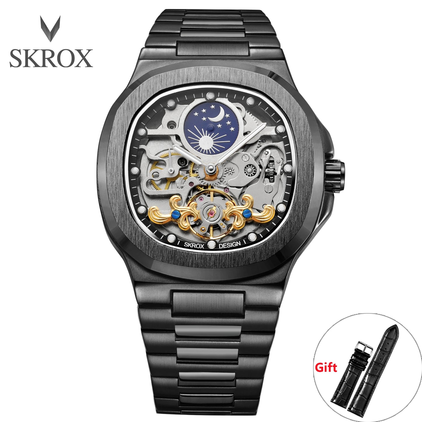 Introducing the SKROX Executive Timepiece, a sophisticated men's watch featuring a sapphire crystal, stainless steel construction, and an intricate skeleton moon phase dial. This classic automatic movement watch is designed for the discerning gentleman.