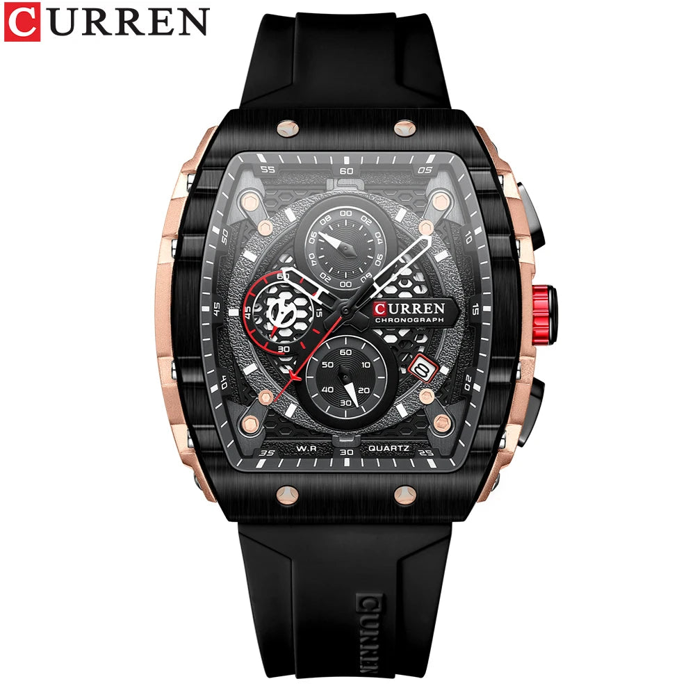 CURREN Sports Unique Rectangular Watches with Large Dial Casual Quartz Silicone Bands Wristwatches with Auto Date