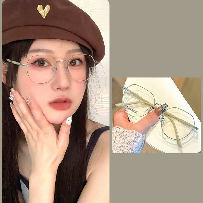 Clear Glasses for Women: Polygonal Metal Frame Eyeglasses with Flat Mirror Lenses, Designed for Girls, Featuring Anti-Blue Light Technology and Fashionable Eyewear Aesthetics.