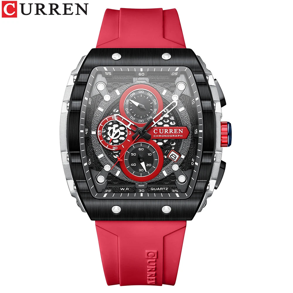 CURREN Sports Unique Rectangular Watches with Large Dial Casual Quartz Silicone Bands Wristwatches with Auto Date