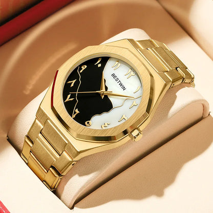 BESTWIN Men's Fashion Watch: Creative Dial, Gold-Plated Casing, Business-Oriented.