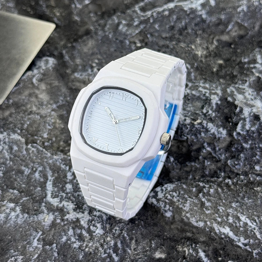 Men's Classic Quartz Watch Smooth Plastic Particle Bracelet Arabic Numerals Dial Business Casual Style Removal Tool Included