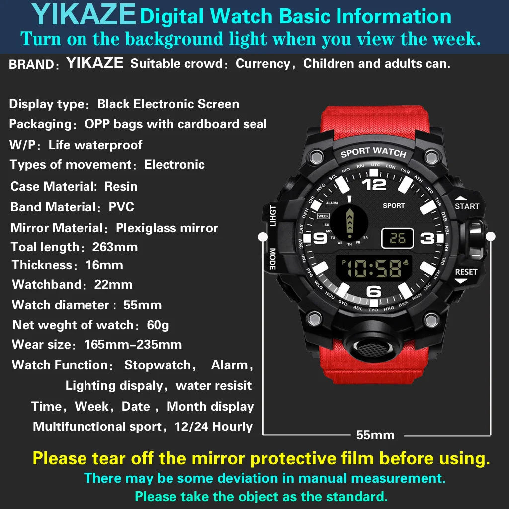 Fashion Men's Watch Sports Electronic Wristwatch Large dial Multifunctional Waterproof Luminous Alarm Kids Male's Military Watch