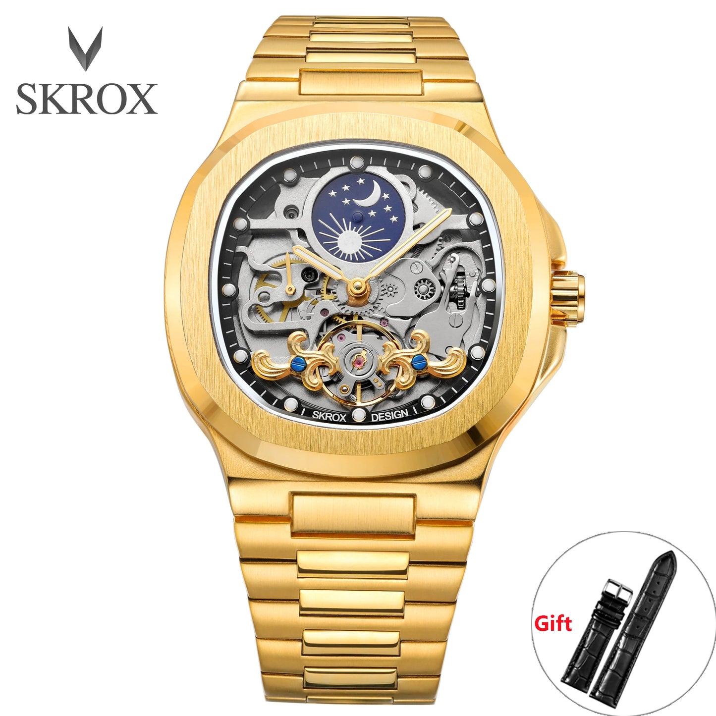 Introducing the SKROX Executive Timepiece, a sophisticated men's watch featuring a sapphire crystal, stainless steel construction, and an intricate skeleton moon phase dial. This classic automatic movement watch is designed for the discerning gentleman.