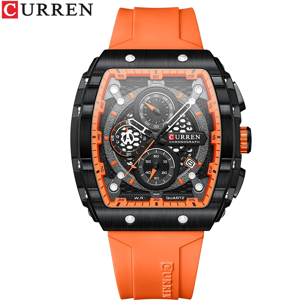 CURREN Sports Unique Rectangular Watches with Large Dial Casual Quartz Silicone Bands Wristwatches with Auto Date