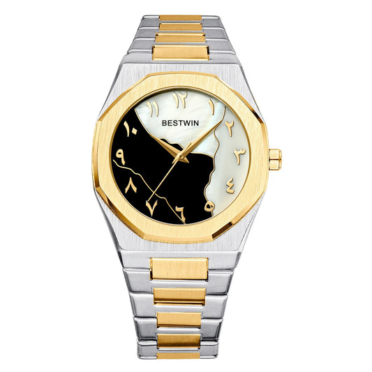 BESTWIN Men's Fashion Watch: Creative Dial, Gold-Plated Casing, Business-Oriented.
