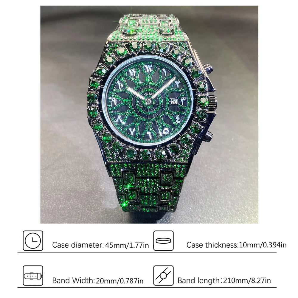 MISSFOX Hip Hop Wristwatch For Men Luxury lce Out Full Diamond Watches Fashion Green Watch Wterproof Week Display Clock