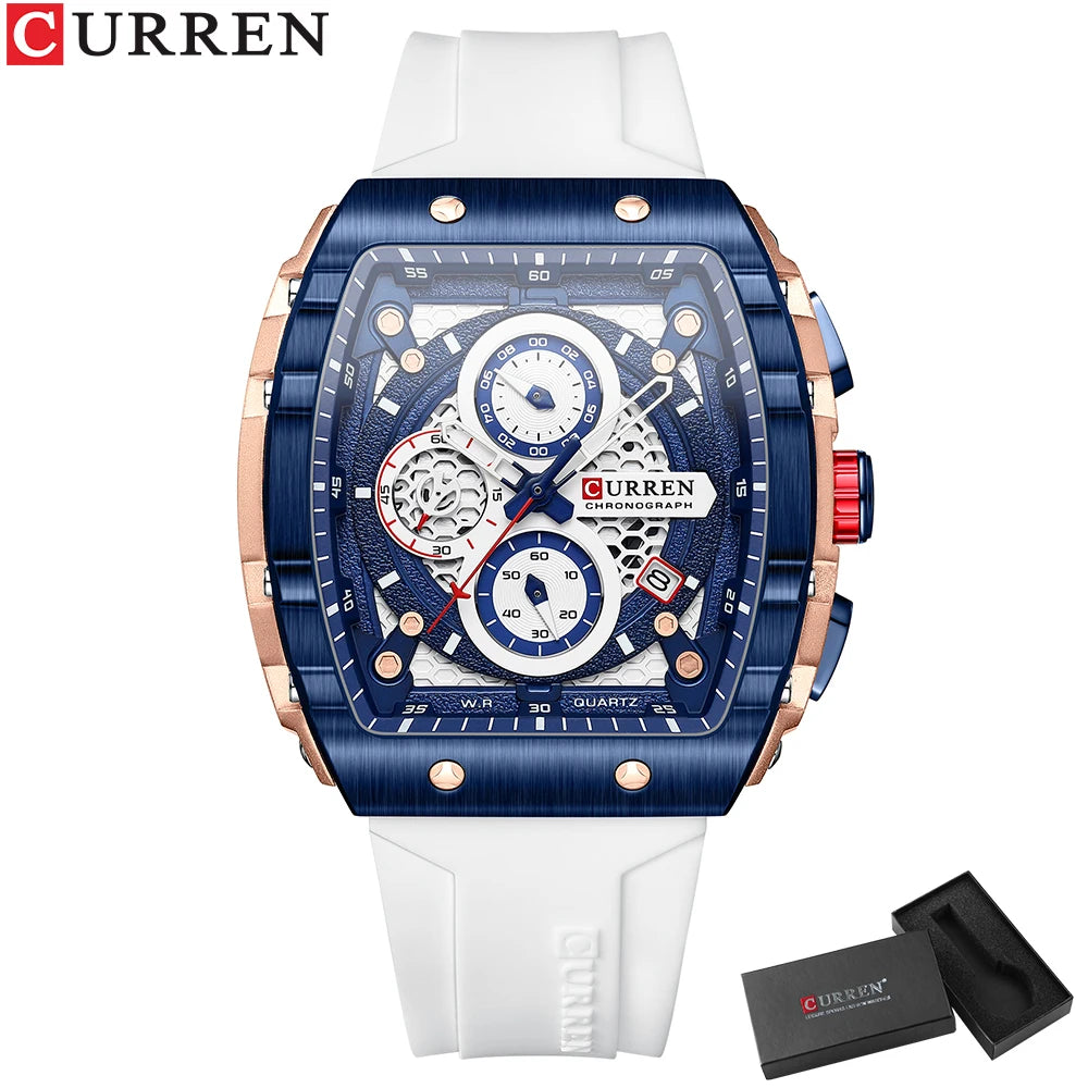 CURREN Sports Unique Rectangular Watches with Large Dial Casual Quartz Silicone Bands Wristwatches with Auto Date
