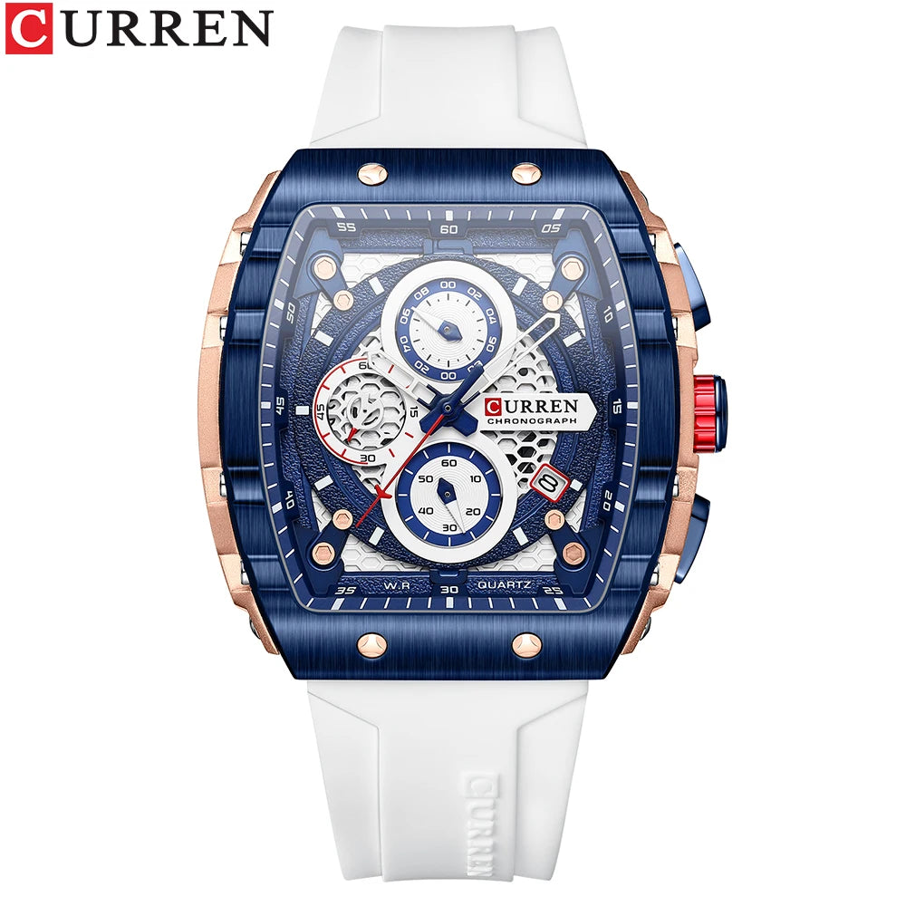 CURREN Sports Unique Rectangular Watches with Large Dial Casual Quartz Silicone Bands Wristwatches with Auto Date