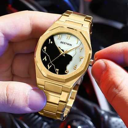 BESTWIN Men's Fashion Watch: Creative Dial, Gold-Plated Casing, Business-Oriented.