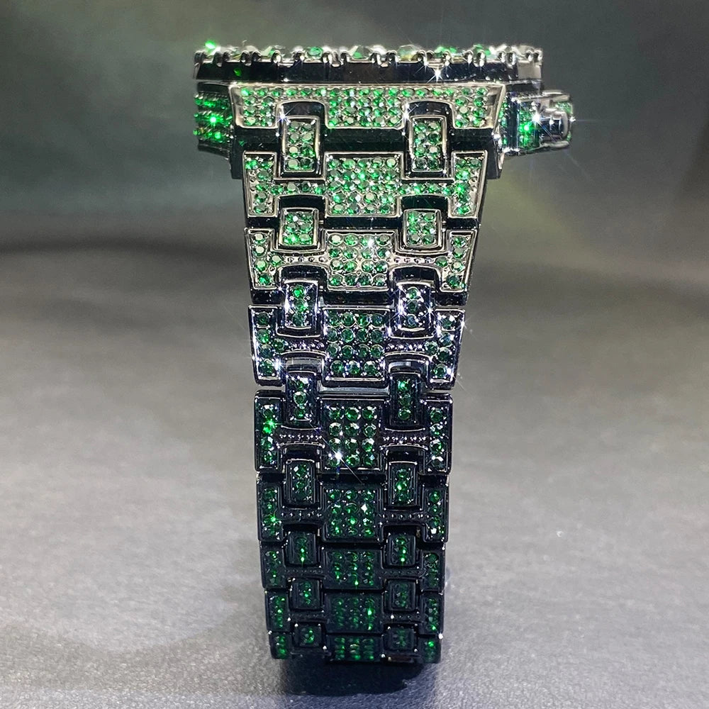 MISSFOX Hip Hop Wristwatch For Men Luxury lce Out Full Diamond Watches Fashion Green Watch Wterproof Week Display Clock