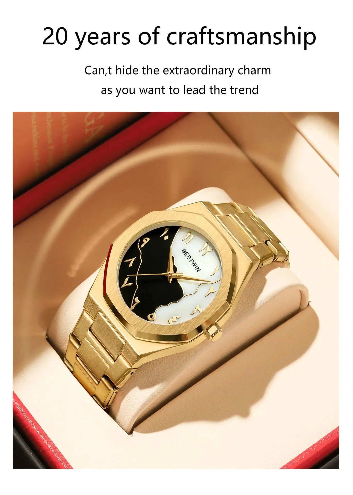 BESTWIN Men's Fashion Watch: Creative Dial, Gold-Plated Casing, Business-Oriented.