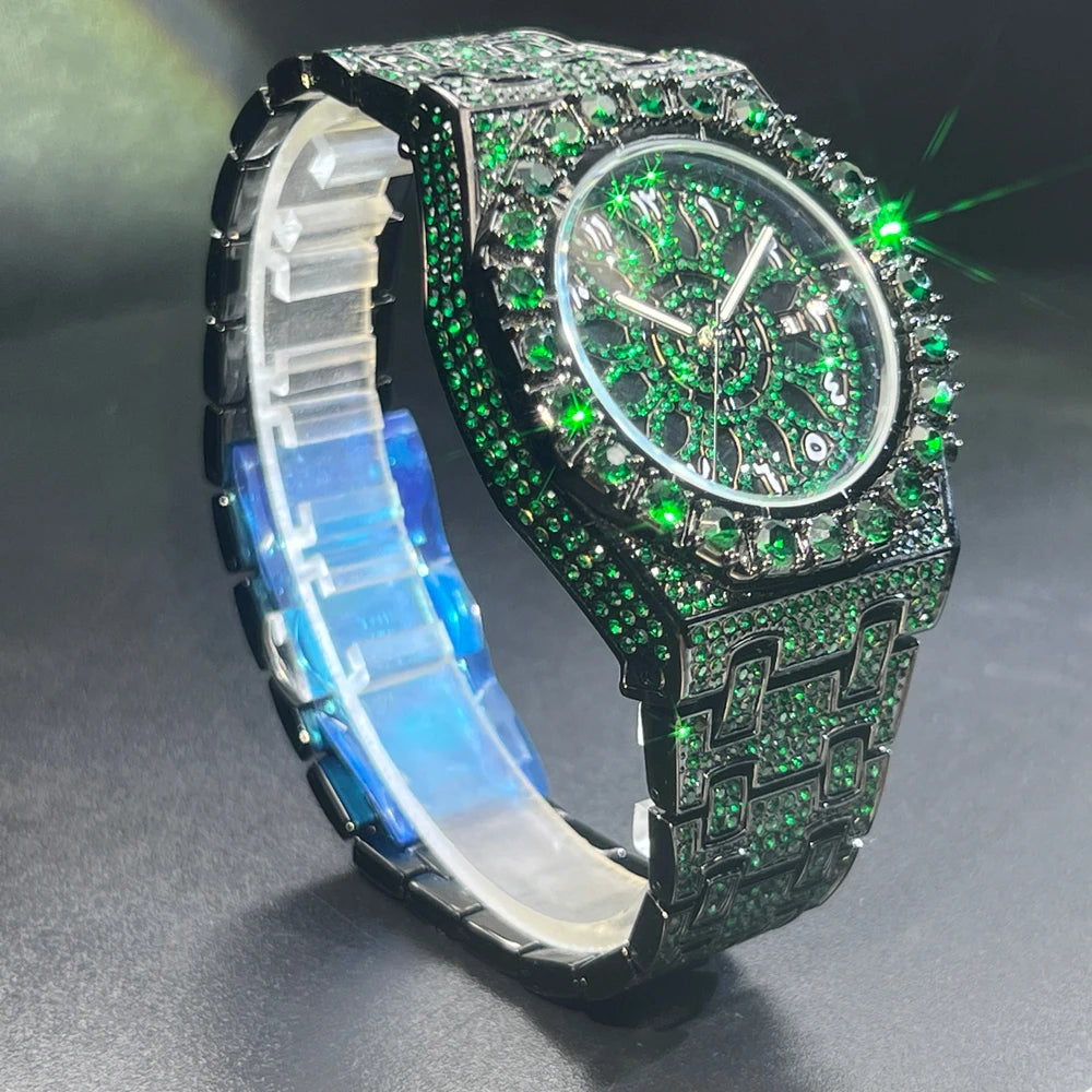 MISSFOX Hip Hop Wristwatch For Men Luxury lce Out Full Diamond Watches Fashion Green Watch Wterproof Week Display Clock