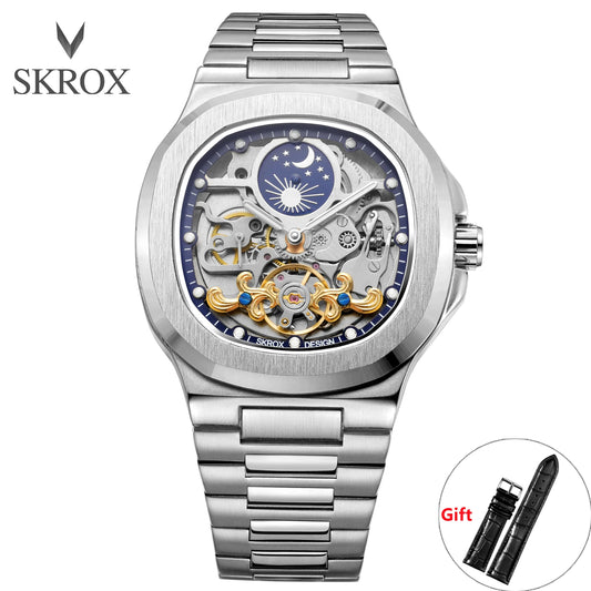 Introducing the SKROX Executive Timepiece, a sophisticated men's watch featuring a sapphire crystal, stainless steel construction, and an intricate skeleton moon phase dial. This classic automatic movement watch is designed for the discerning gentleman.