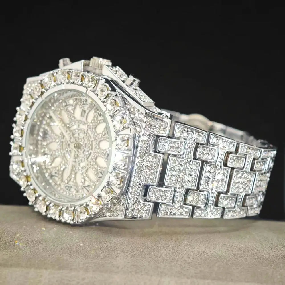 UNIGUET Black Iced Watch For Men Lxuxry Stainless Steel Quartz Watches Cool Hip Hop Diamond Bling Wrist Watch Man