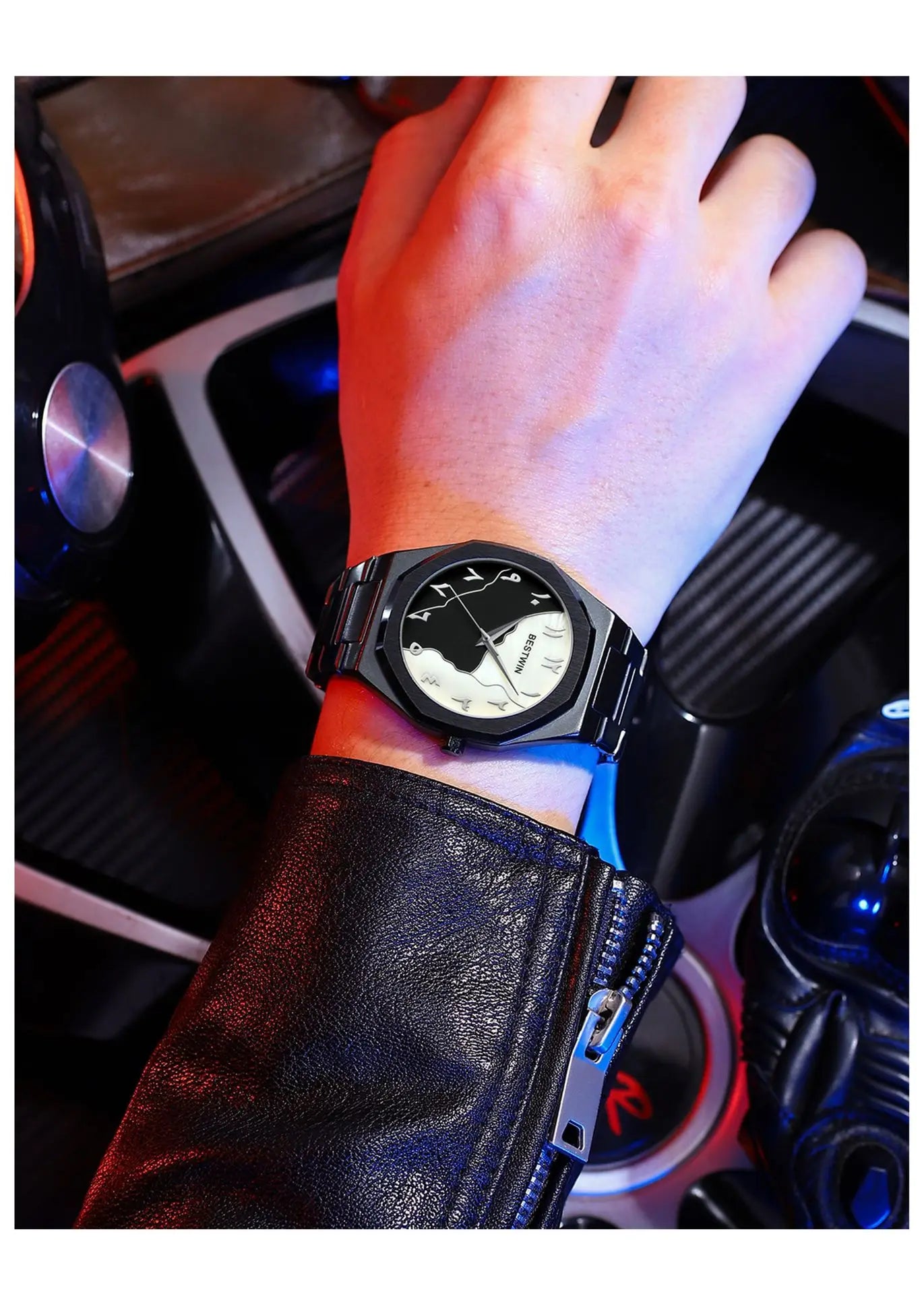 BESTWIN Men's Fashion Watch: Creative Dial, Gold-Plated Casing, Business-Oriented.