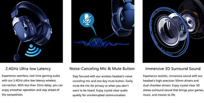 Gaming Headset with Detachable Noise-Canceling Microphone, Featuring 2.4G Bluetooth, USB, and 3.5mm Wired Connectivity Across Three Modes for Multi-Device Compatibility.