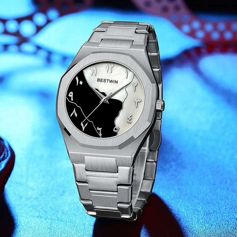 BESTWIN Men's Fashion Watch: Creative Dial, Gold-Plated Casing, Business-Oriented.