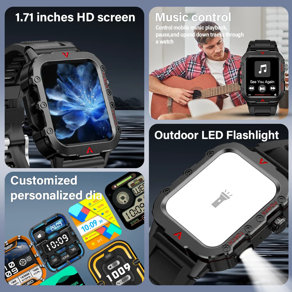 LAXASFIT Men's Sports Smart Watch: 1.71" Screen, Blood Oxygen, Bluetooth Calling, Multi-Sport, LED Flashlight, Outdoor Smart Watch.