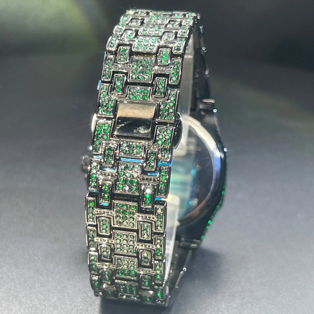 MISSFOX Hip Hop Wristwatch For Men Luxury lce Out Full Diamond Watches Fashion Green Watch Wterproof Week Display Clock