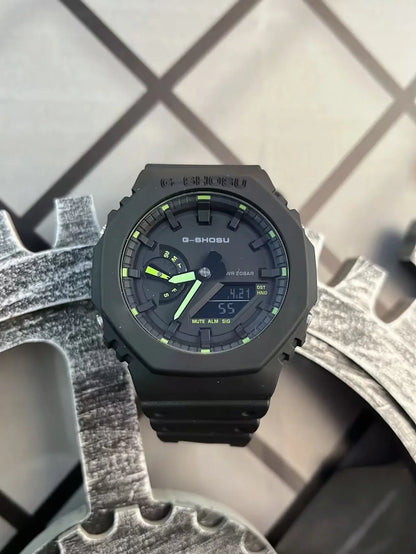 Green Black Sport Unisex Watch, Full Function, World Time, LED Dual Display, Rubber Strap, Oak Luminous.