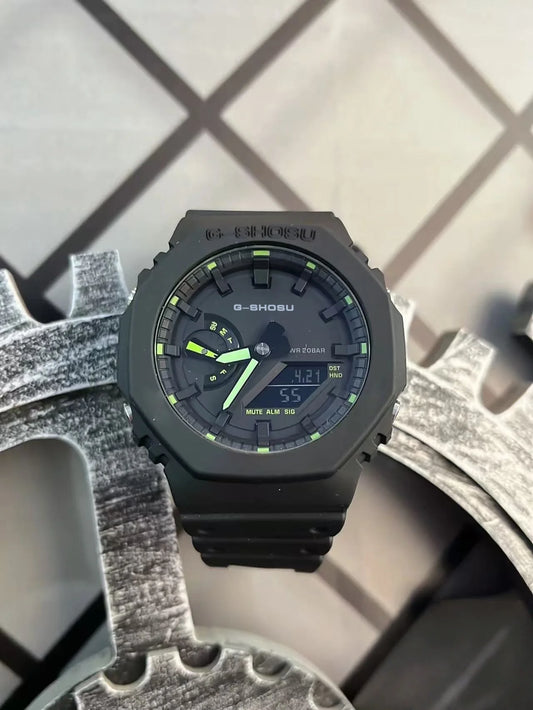 Green Black Sport Unisex Watch, Full Function, World Time, LED Dual Display, Rubber Strap, Oak Luminous.