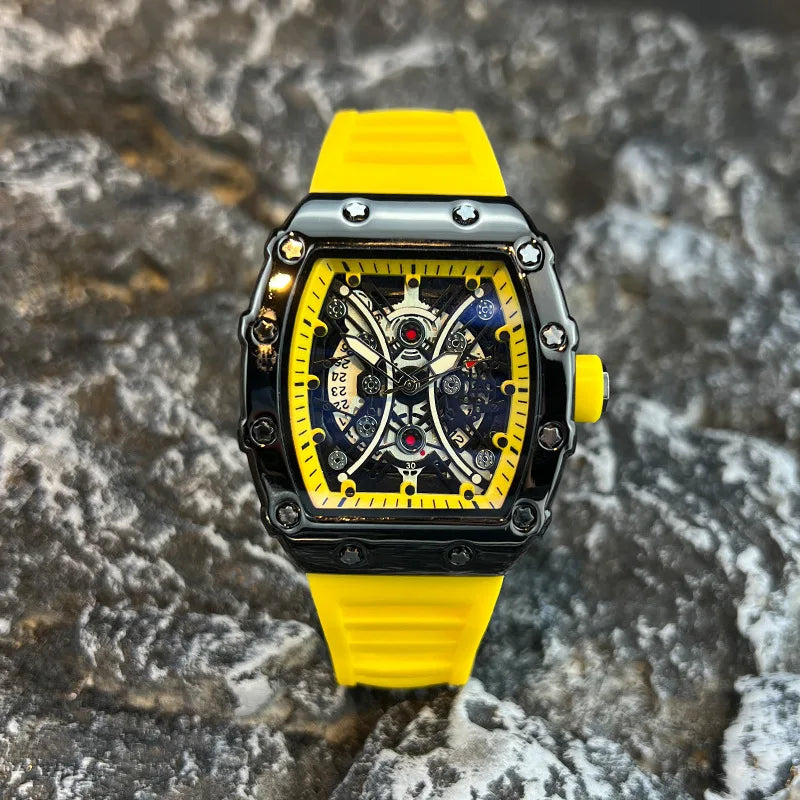 Introducing the L146 Men's Sports Watch, a sophisticated timepiece featuring a distinctive wine barrel dial, luminous display, and integrated calendar function, designed for the discerning individual seeking both luxury and practicality.