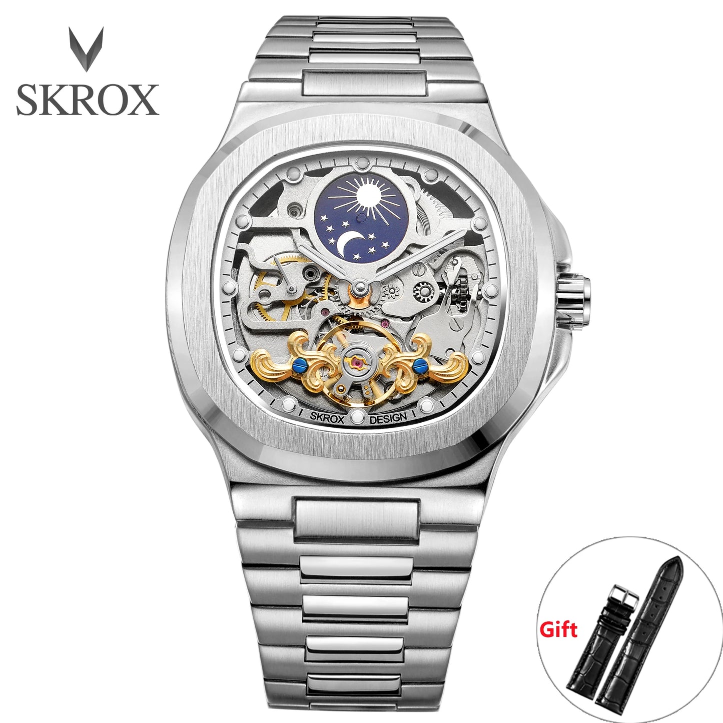 Introducing the SKROX Executive Timepiece, a sophisticated men's watch featuring a sapphire crystal, stainless steel construction, and an intricate skeleton moon phase dial. This classic automatic movement watch is designed for the discerning gentleman.