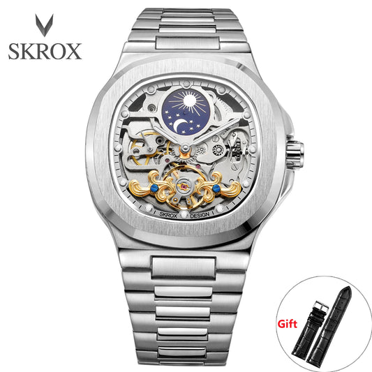 Introducing the SKROX Executive Timepiece, a sophisticated men's watch featuring a sapphire crystal, stainless steel construction, and an intricate skeleton moon phase dial. This classic automatic movement watch is designed for the discerning gentleman.