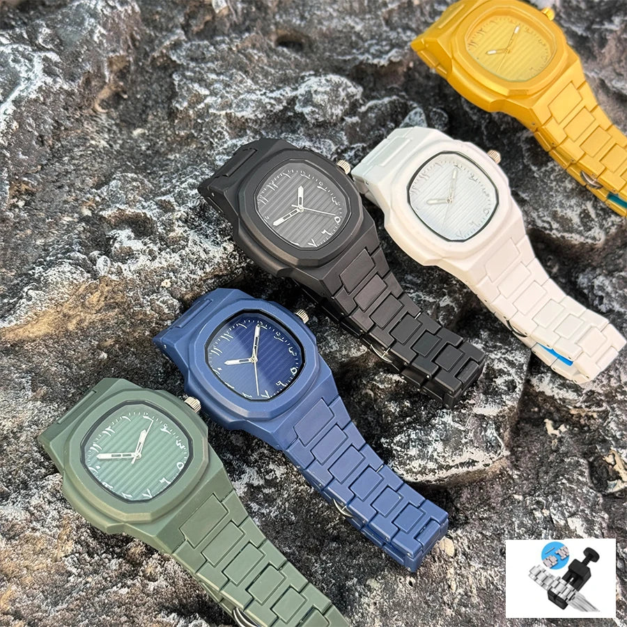 Men's Classic Quartz Watch Smooth Plastic Particle Bracelet Arabic Numerals Dial Business Casual Style Removal Tool Included