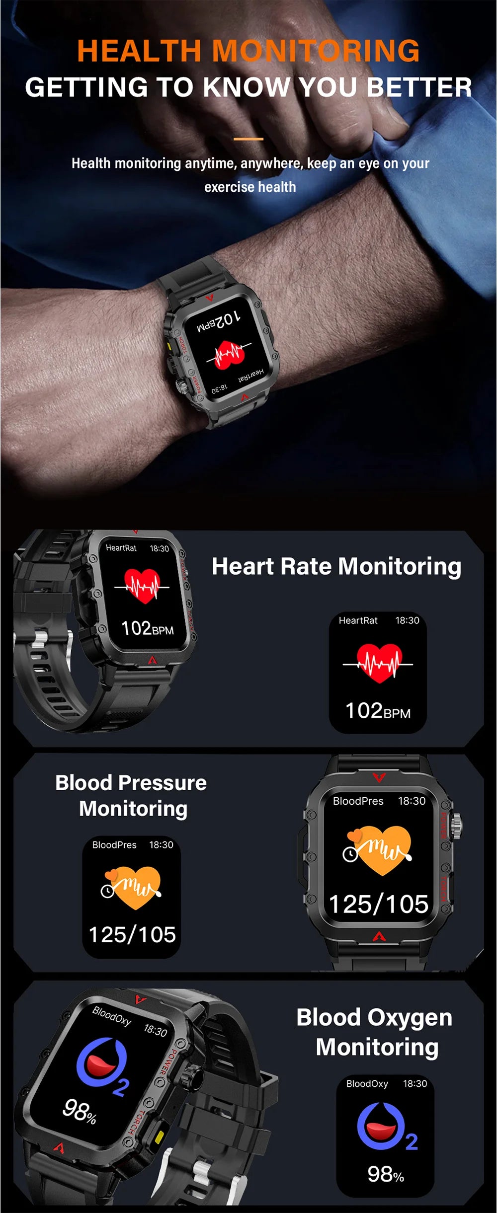 LAXASFIT Men's Sports Smart Watch: 1.71" Screen, Blood Oxygen, Bluetooth Calling, Multi-Sport, LED Flashlight, Outdoor Smart Watch.