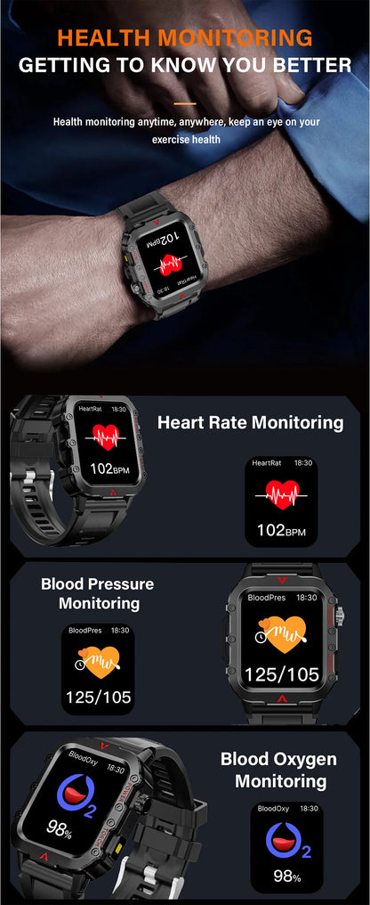 LAXASFIT Men's Sports Smart Watch: 1.71" Screen, Blood Oxygen, Bluetooth Calling, Multi-Sport, LED Flashlight, Outdoor Smart Watch.