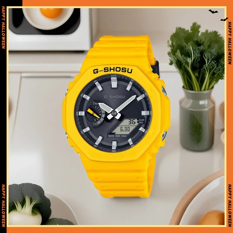 Green Black Sport Unisex Watch, Full Function, World Time, LED Dual Display, Rubber Strap, Oak Luminous.