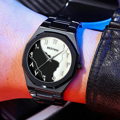 BESTWIN Men's Fashion Watch: Creative Dial, Gold-Plated Casing, Business-Oriented.