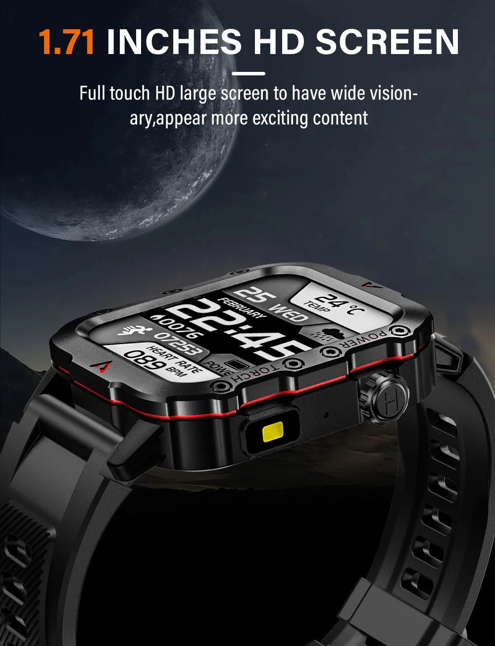 LAXASFIT Men's Sports Smart Watch: 1.71" Screen, Blood Oxygen, Bluetooth Calling, Multi-Sport, LED Flashlight, Outdoor Smart Watch.