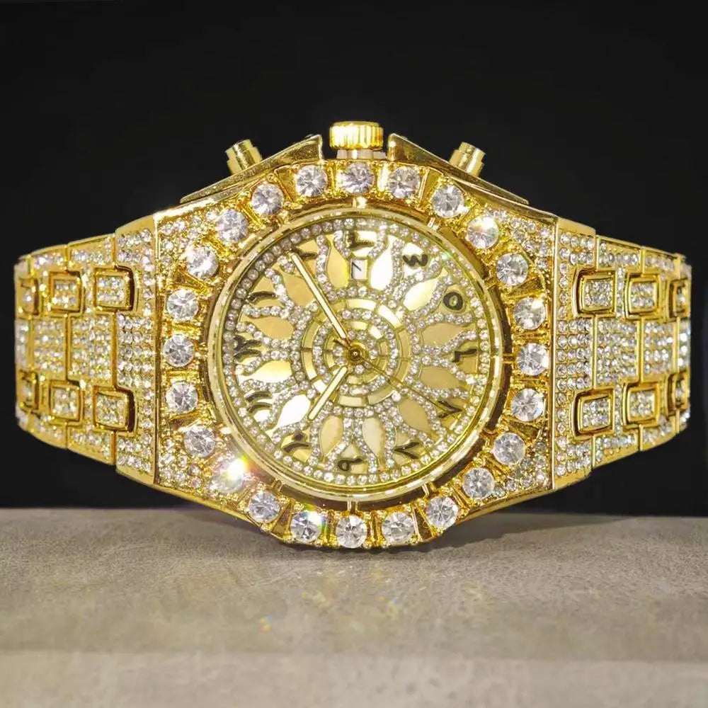 UNIGUET Black Iced Watch For Men Lxuxry Stainless Steel Quartz Watches Cool Hip Hop Diamond Bling Wrist Watch Man